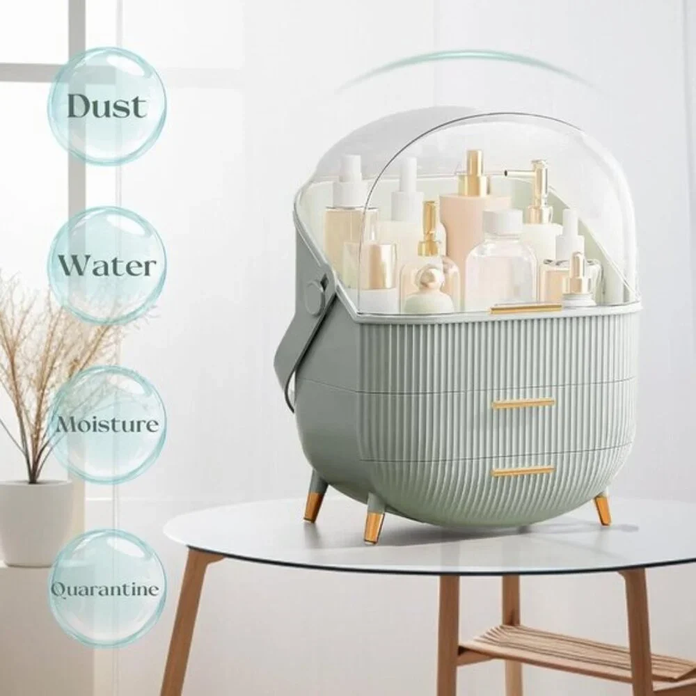 New Light Green Makeup Organizer, Vanity Storage with Lid & Drawers for Skincare